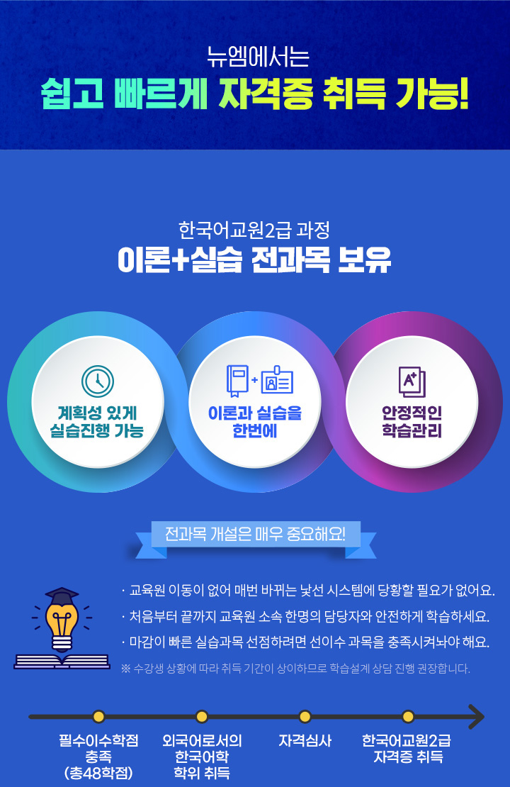 뉴엠에서는 쉽고 빠르게 자격증 취득 가능!, 한국어교원2급 과정 이론+실습 전과목 보유