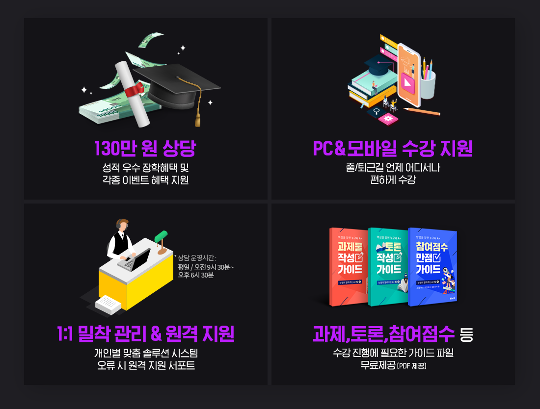 1. 130  ,      ̺Ʈ  . 2. PC&  , /ٱ  𼭳 ϰ . 3. 1:1   &   κ  ַ ý,     Ʈ(ð:   9 30 ~  6 30) 4. ,,   ࿡ ʿ ̵   (PDF )